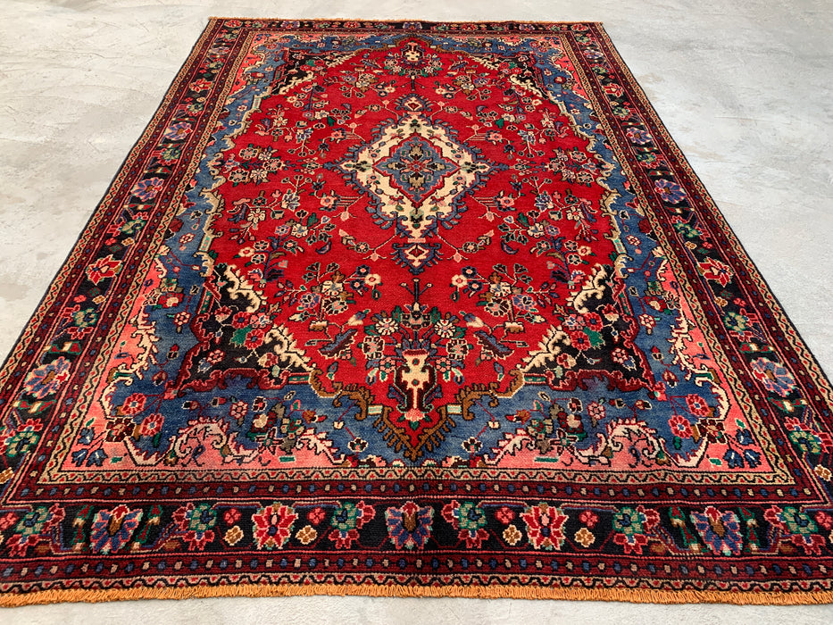 Handgemaakt Perzisch wollen vloerkleed 7x10 - Rood, blauw en ivoor traditioneel Perzisch bloemenkleed - Exacte maat 9'8" x 6'9" - KBHM-1104