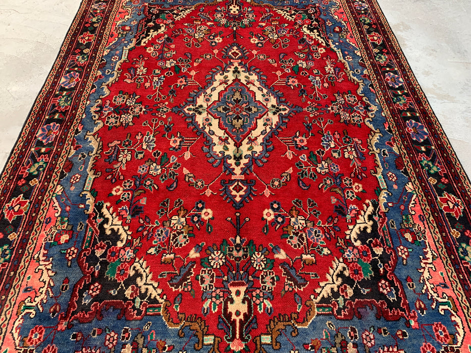 Handgemaakt Perzisch wollen vloerkleed 7x10 - Rood, blauw en ivoor traditioneel Perzisch bloemenkleed - Exacte maat 9'8" x 6'9" - KBHM-1104