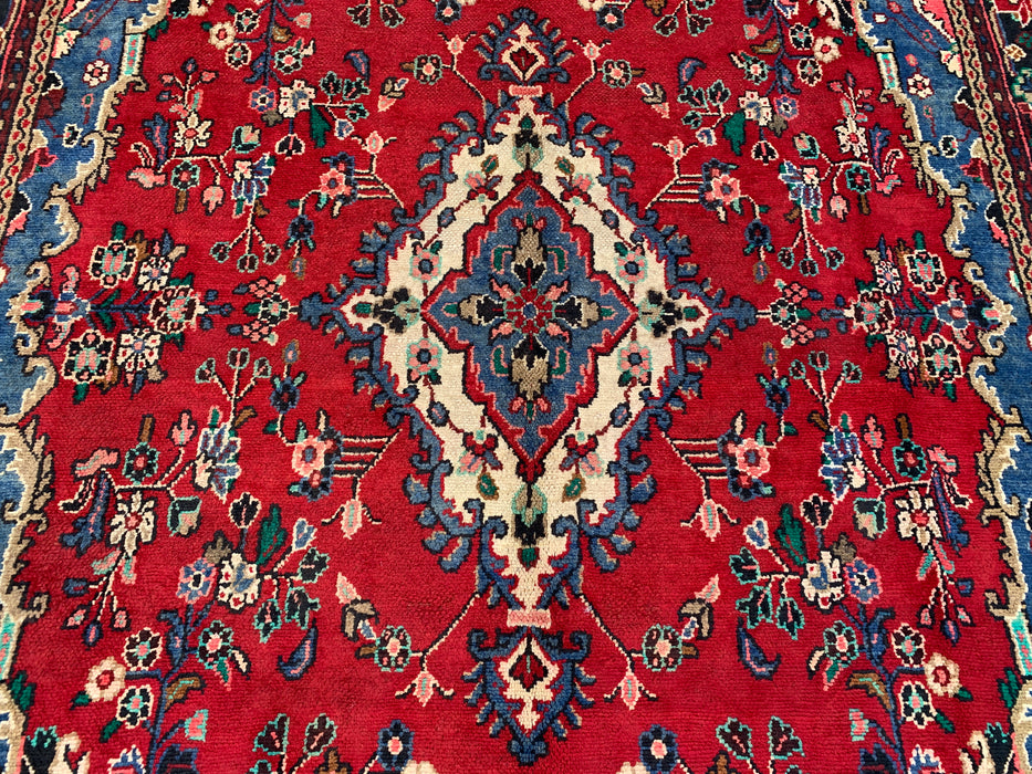 Handgemaakt Perzisch wollen vloerkleed 7x10 - Rood, blauw en ivoor traditioneel Perzisch bloemenkleed - Exacte maat 9'8" x 6'9" - KBHM-1104