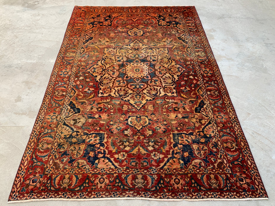 Handgemaakt Perzisch wollen vloerkleed 213x305 cm - Vintage medaillon tapijt in Perzische stijl, roestbruin, ivoor & blauw - Exacte afmeting 315 cm x 208 cm - KBHM-1105