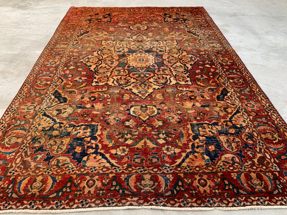 Handgemaakt Perzisch wollen vloerkleed 213x305 cm - Vintage medaillon tapijt in Perzische stijl, roestbruin, ivoor & blauw - Exacte afmeting 315 cm x 208 cm - KBHM-1105