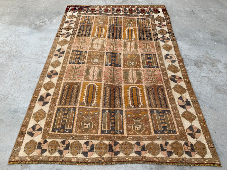 Handgeweven Perzisch wollen vloerkleed 7x10 - Perzisch stijl kleed in beige, taupe en ivoor met paneelmotief - Exacte afmetingen 9'3" x 6'2" - KBHM-1106