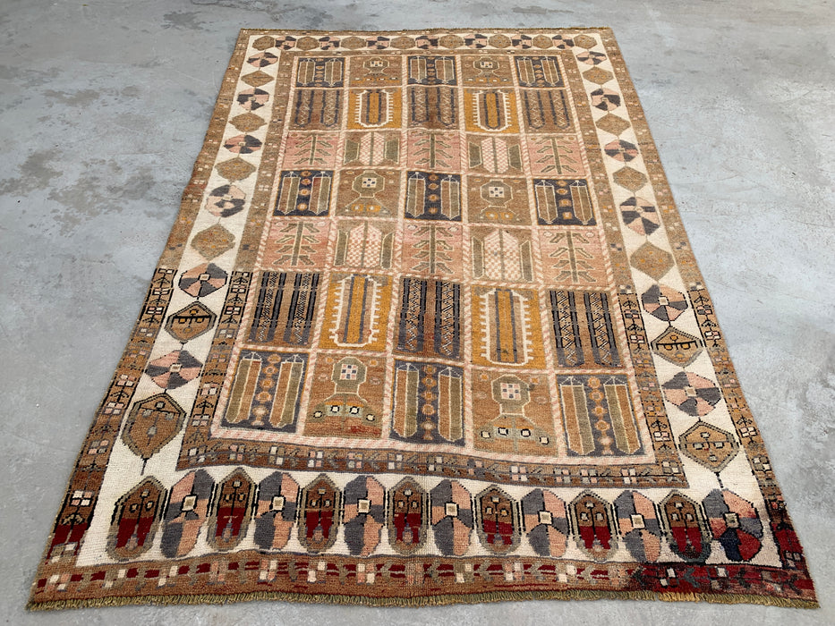 Handgeweven Perzisch wollen vloerkleed 7x10 - Perzisch stijl kleed in beige, taupe en ivoor met paneelmotief - Exacte afmetingen 9'3" x 6'2" - KBHM-1106