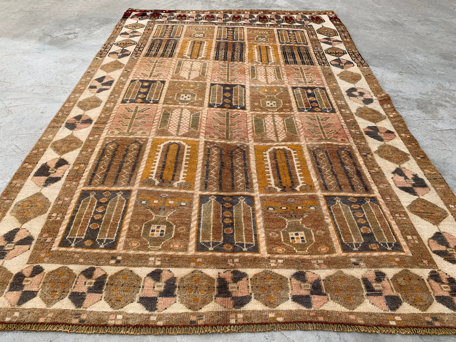 Handgeweven Perzisch wollen vloerkleed 7x10 - Perzisch stijl kleed in beige, taupe en ivoor met paneelmotief - Exacte afmetingen 9'3" x 6'2" - KBHM-1106
