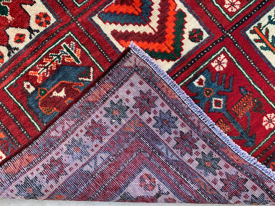 Hand-Knotted Persian Wool Rug 7'8 x 4'7 Red Tribal Animal Motif Area Rug KBHM-1118