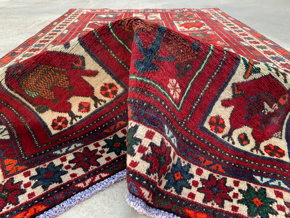 Hand-Knotted Persian Wool Rug 7'8 x 4'7 Red Tribal Animal Motif Area Rug KBHM-1118