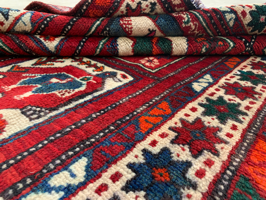 Hand-Knotted Persian Wool Rug 7'8 x 4'7 Red Tribal Animal Motif Area Rug KBHM-1118