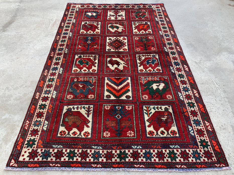 Hand-Knotted Persian Wool Rug 7'8 x 4'7 Red Tribal Animal Motif Area Rug KBHM-1118