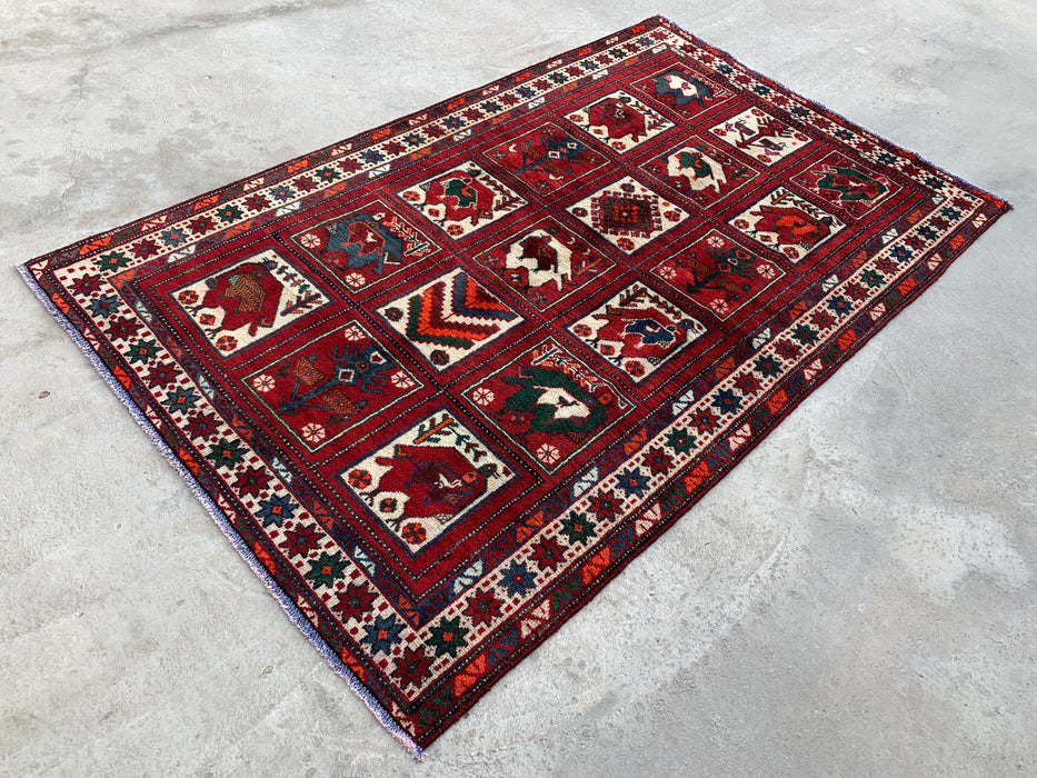 Hand-Knotted Persian Wool Rug 7'8 x 4'7 Red Tribal Animal Motif Area Rug KBHM-1118