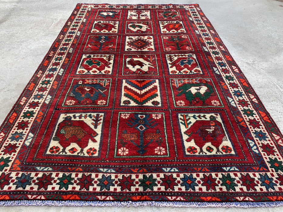 Hand-Knotted Persian Wool Rug 7'8 x 4'7 Red Tribal Animal Motif Area Rug KBHM-1118