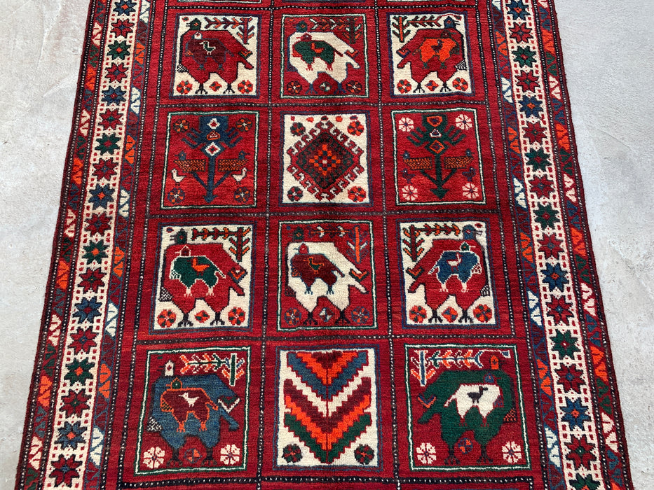 Hand-Knotted Persian Wool Rug 7'8 x 4'7 Red Tribal Animal Motif Area Rug KBHM-1118