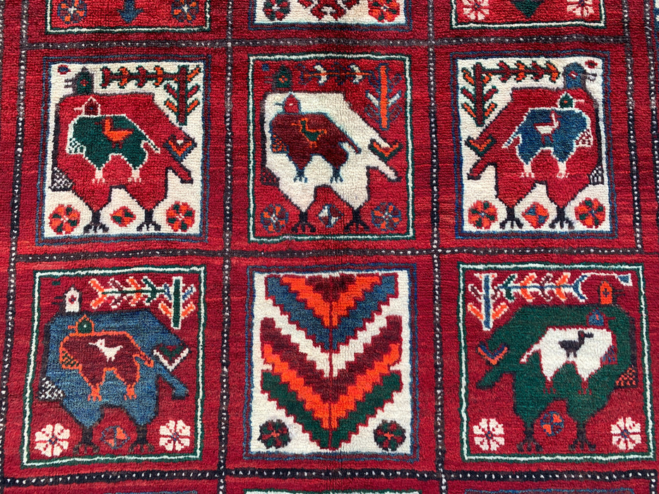 Hand-Knotted Persian Wool Rug 7'8 x 4'7 Red Tribal Animal Motif Area Rug KBHM-1118