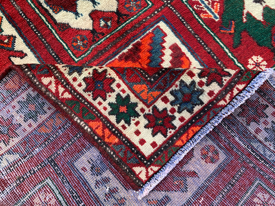 Hand-Knotted Persian Wool Rug 7'8 x 4'7 Red Tribal Animal Motif Area Rug KBHM-1118