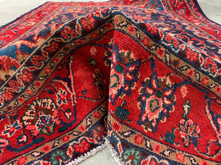 Handgemaakt Perzisch wollen vloerkleed 7x10 - Perzisch stijl tapijt in marineblauw & rood - Exacte afmeting 9'3" x 6'2" - KBHM-1125