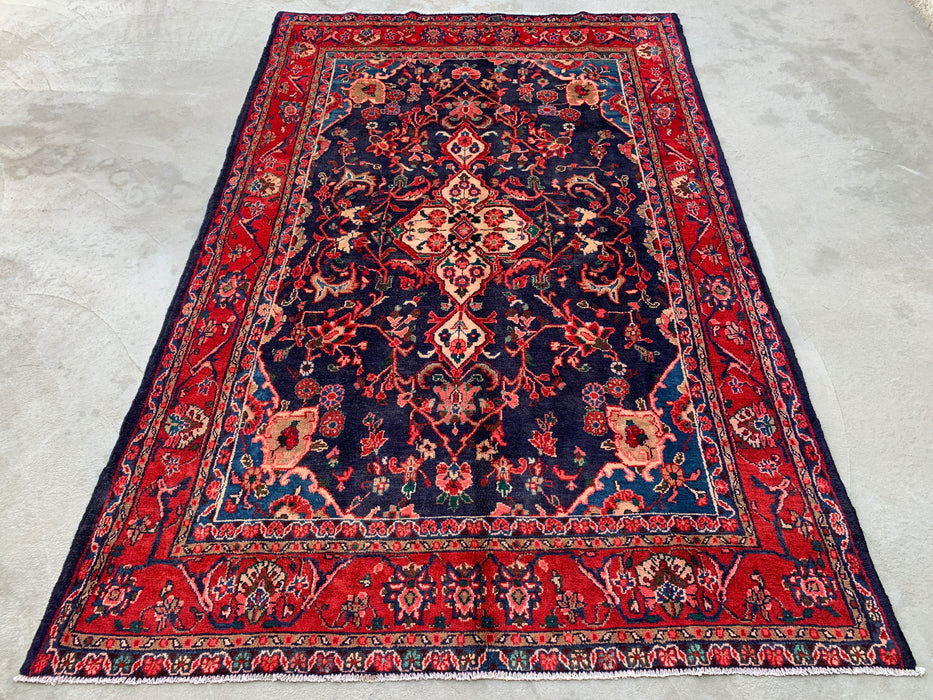 Handgemaakt Perzisch wollen vloerkleed 7x10 - Perzisch stijl tapijt in marineblauw & rood - Exacte afmeting 9'3" x 6'2" - KBHM-1125