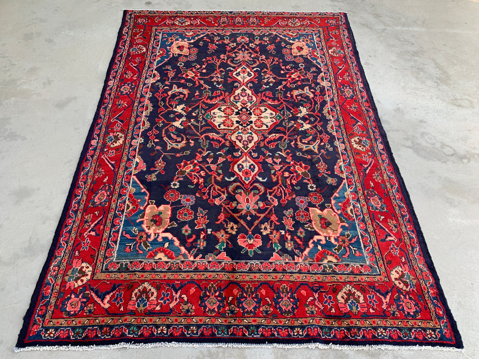 Handgemaakt Perzisch wollen vloerkleed 7x10 - Perzisch stijl tapijt in marineblauw & rood - Exacte afmeting 9'3" x 6'2" - KBHM-1125