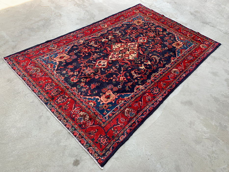 Handgemaakt Perzisch wollen vloerkleed 7x10 - Perzisch stijl tapijt in marineblauw & rood - Exacte afmeting 9'3" x 6'2" - KBHM-1125