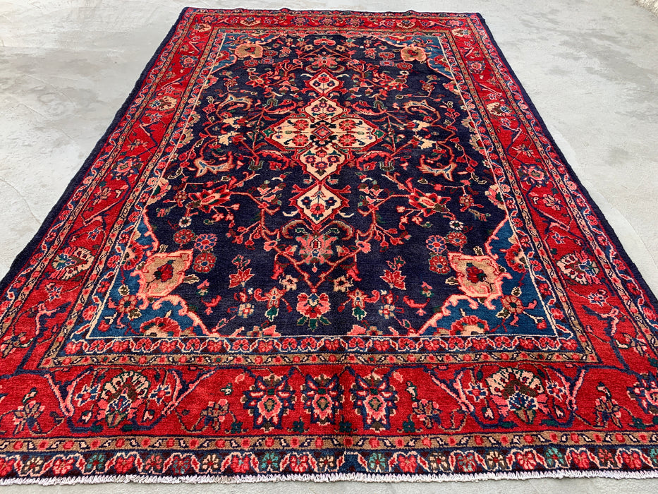 Handgemaakt Perzisch wollen vloerkleed 7x10 - Perzisch stijl tapijt in marineblauw & rood - Exacte afmeting 9'3" x 6'2" - KBHM-1125