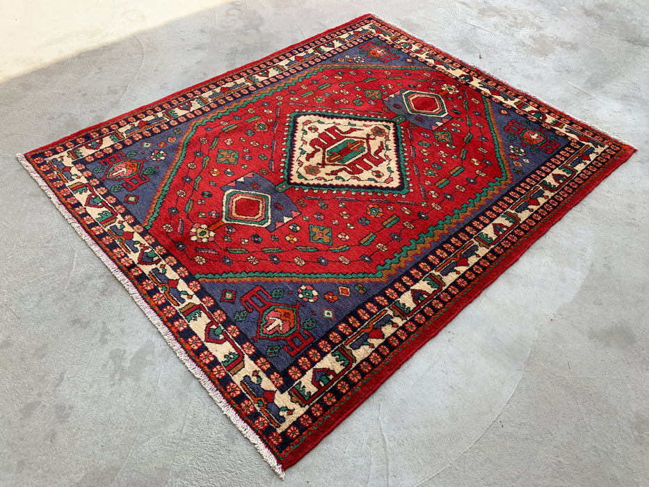 Handgeknoopt Perzisch wollen tapijt 6'6 x 5'3 rood tribaal medaillon vloerkleed - kbhm-1128