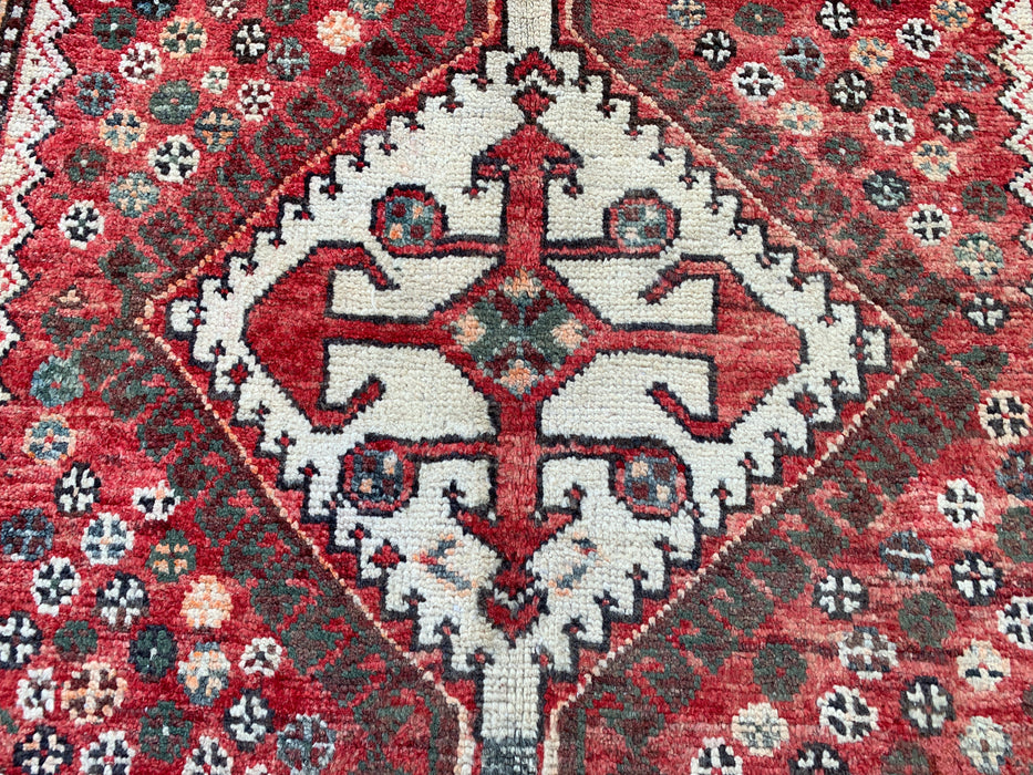 KBHM-1129 Handgeknoopt Perzisch wollen loper-tapijt – 307 cm x 99 cm Rood, ivoor & blauw stammenmedaillon loper
