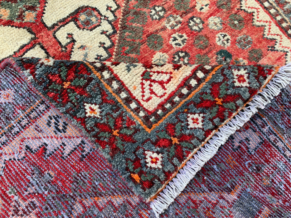 KBHM-1129 Handgeknoopt Perzisch wollen loper-tapijt – 307 cm x 99 cm Rood, ivoor & blauw stammenmedaillon loper