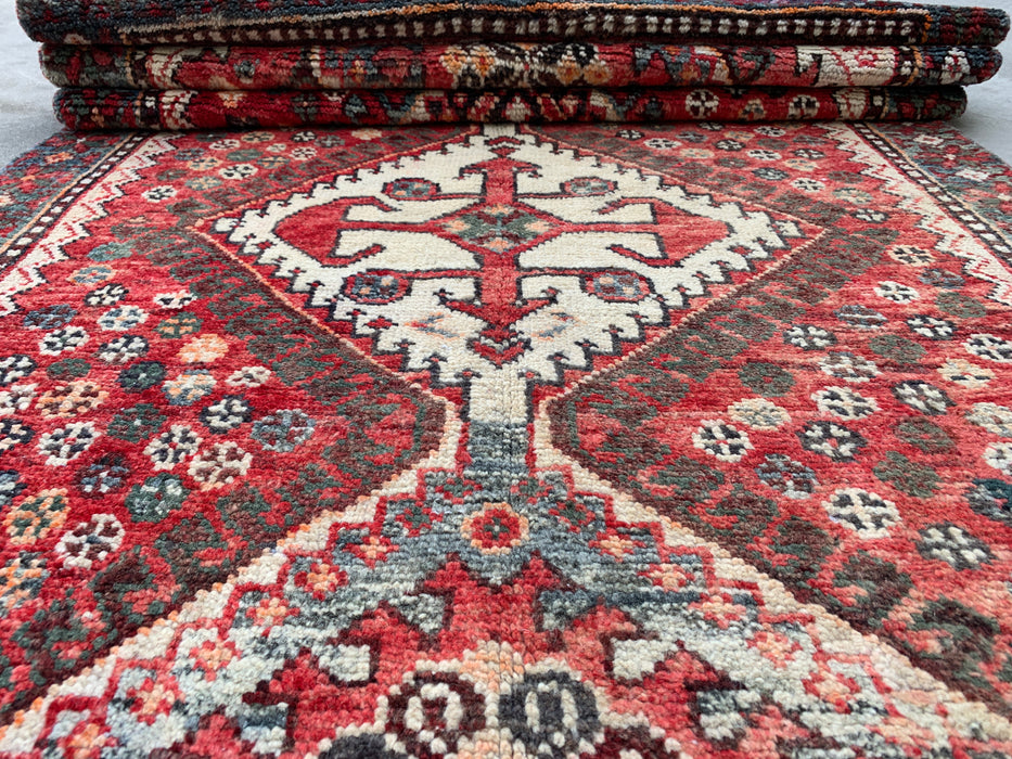 KBHM-1129 Handgeknoopt Perzisch wollen loper-tapijt – 307 cm x 99 cm Rood, ivoor & blauw stammenmedaillon loper