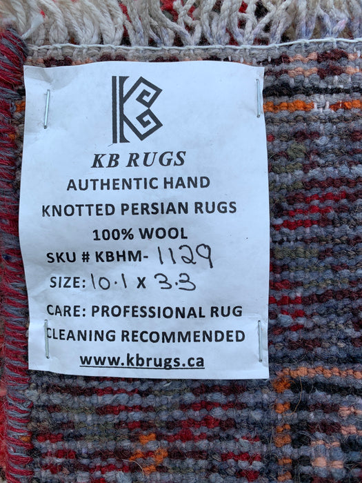 KBHM-1129 Handgeknoopt Perzisch wollen loper-tapijt – 307 cm x 99 cm Rood, ivoor & blauw stammenmedaillon loper