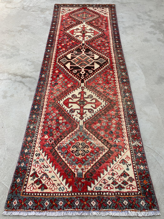 KBHM-1129 Handgeknoopt Perzisch wollen loper-tapijt – 307 cm x 99 cm Rood, ivoor & blauw stammenmedaillon loper