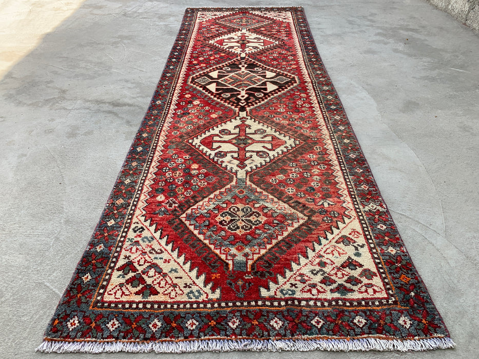 KBHM-1129 Handgeknoopt Perzisch wollen loper-tapijt – 307 cm x 99 cm Rood, ivoor & blauw stammenmedaillon loper