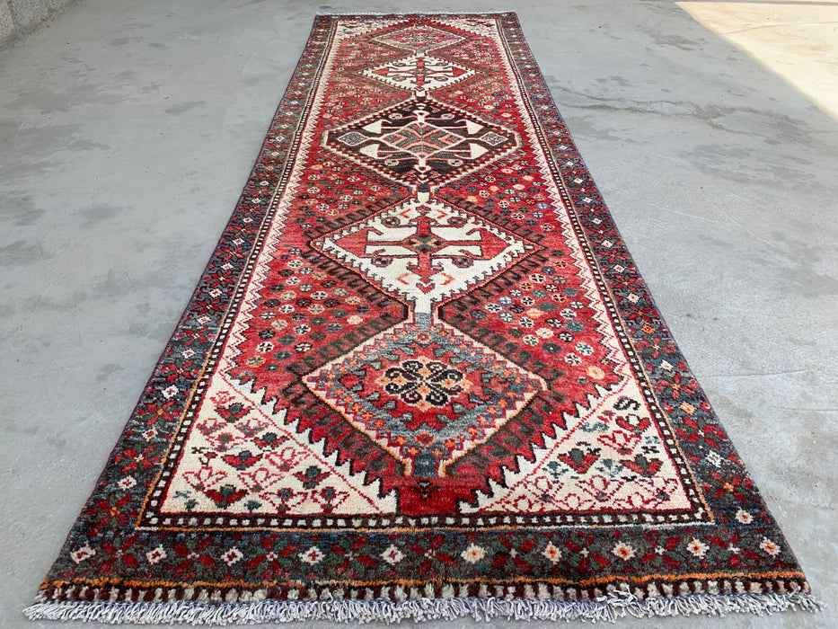 KBHM-1129 Handgeknoopt Perzisch wollen loper-tapijt – 307 cm x 99 cm Rood, ivoor & blauw stammenmedaillon loper