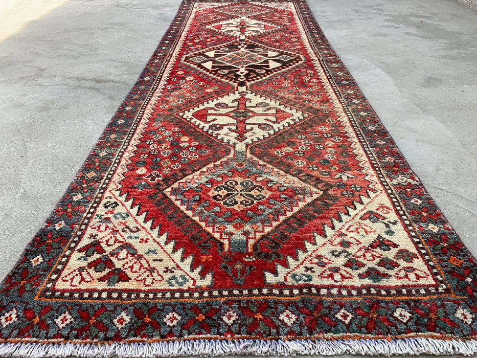 KBHM-1129 Handgeknoopt Perzisch wollen loper-tapijt – 307 cm x 99 cm Rood, ivoor & blauw stammenmedaillon loper