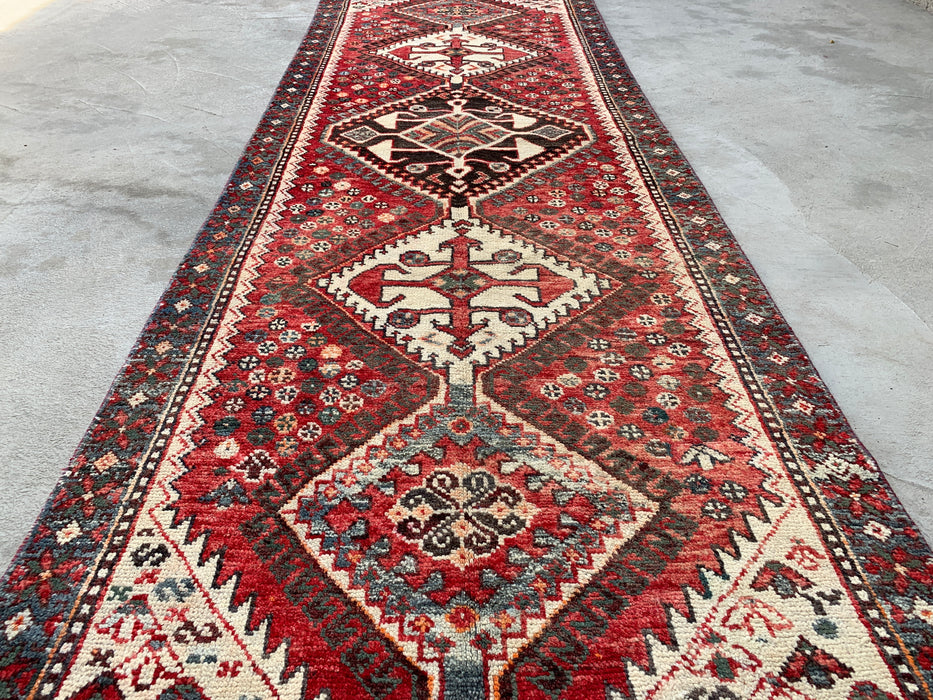 KBHM-1129 Handgeknoopt Perzisch wollen loper-tapijt – 307 cm x 99 cm Rood, ivoor & blauw stammenmedaillon loper