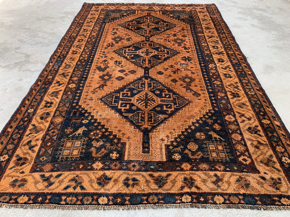 KBHM-1130 Handgeknoopt Perzisch wollen tapijt – 236 cm x 155 cm Beige, blauw & bruin tribaal geometrisch vloerkleed