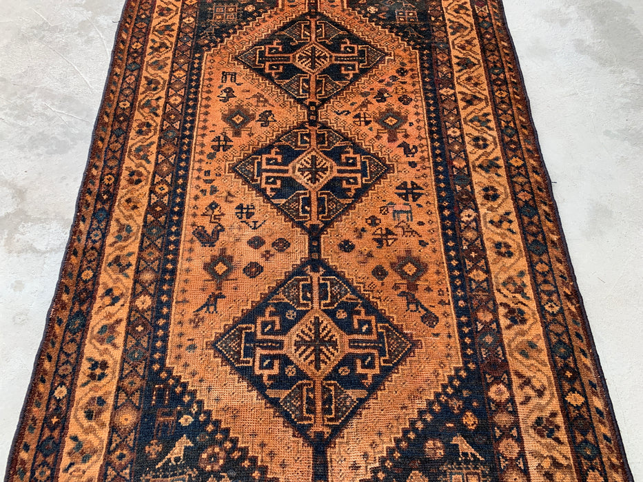 KBHM-1130 Handgeknoopt Perzisch wollen tapijt – 236 cm x 155 cm Beige, blauw & bruin tribaal geometrisch vloerkleed