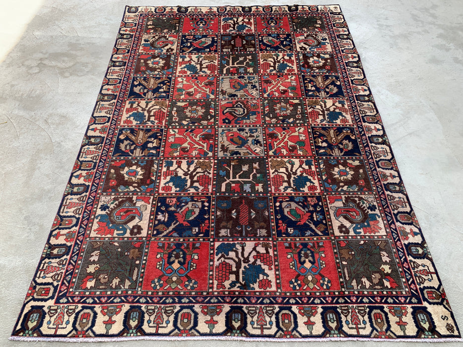 Handgemaakt Perzisch wollen vloerkleed 7x10 - Ivoor, marineblauw, rood & blauw traditioneel tuin-paneel Perzische stijl vloerkleed - Exacte afmeting 9'5" x 6'5" - KBHM-1131