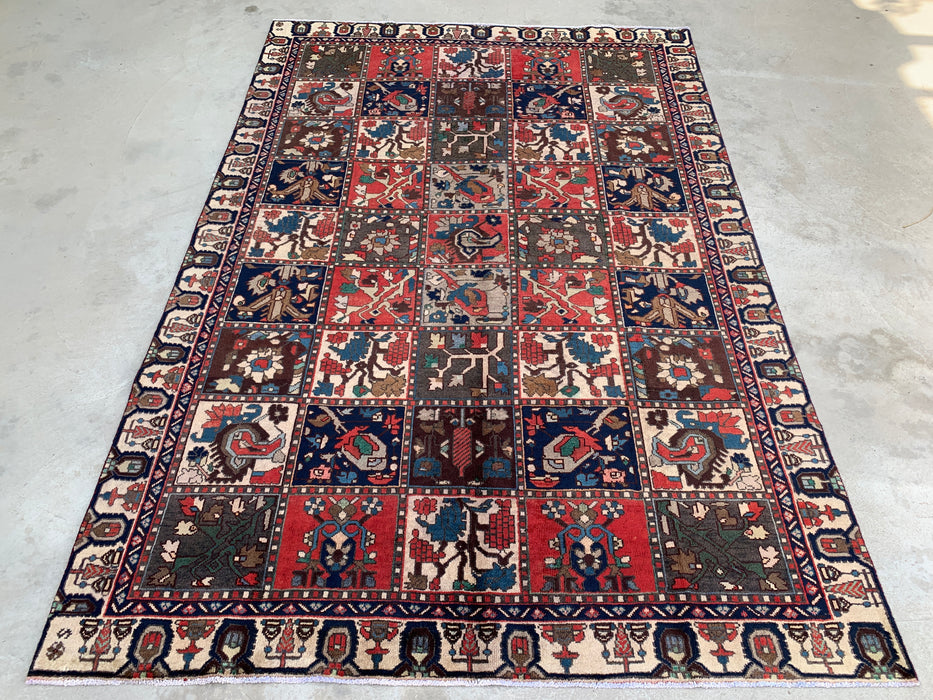 Handgemaakt Perzisch wollen vloerkleed 7x10 - Ivoor, marineblauw, rood & blauw traditioneel tuin-paneel Perzische stijl vloerkleed - Exacte afmeting 9'5" x 6'5" - KBHM-1131