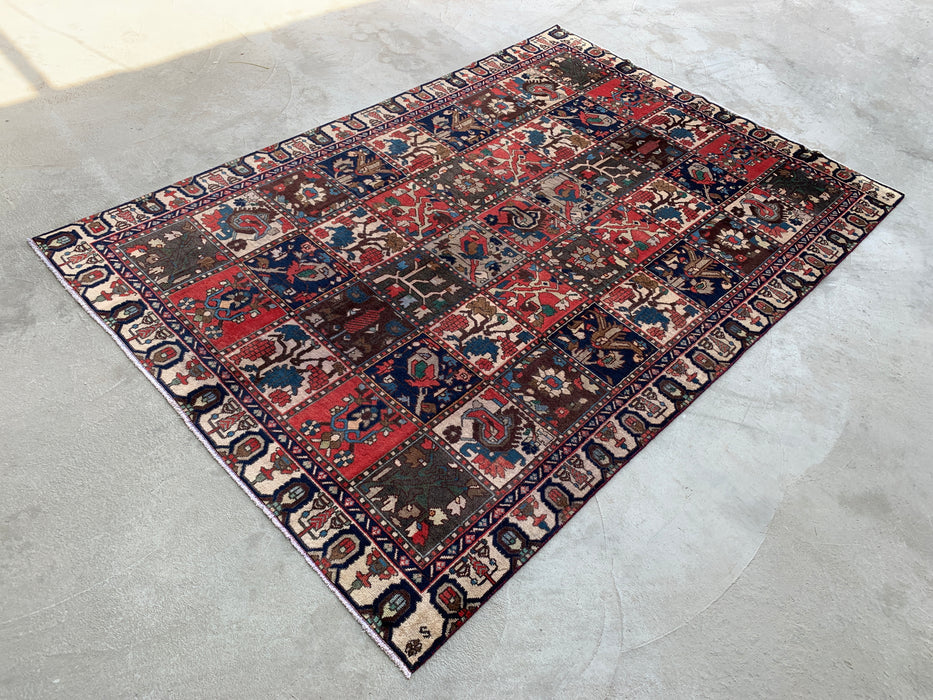 Handgemaakt Perzisch wollen vloerkleed 7x10 - Ivoor, marineblauw, rood & blauw traditioneel tuin-paneel Perzische stijl vloerkleed - Exacte afmeting 9'5" x 6'5" - KBHM-1131