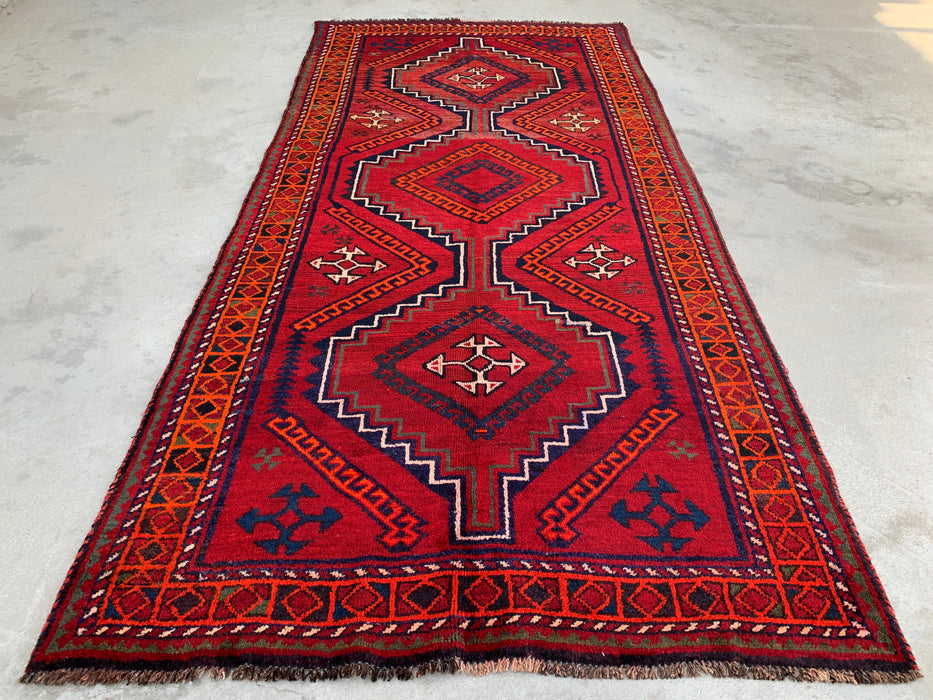 KBHM-1135 Hand-Knotted Persian Wool Rug – 9'9" x 4'7" Red, Navy & Orange Tribal Geometric Rug