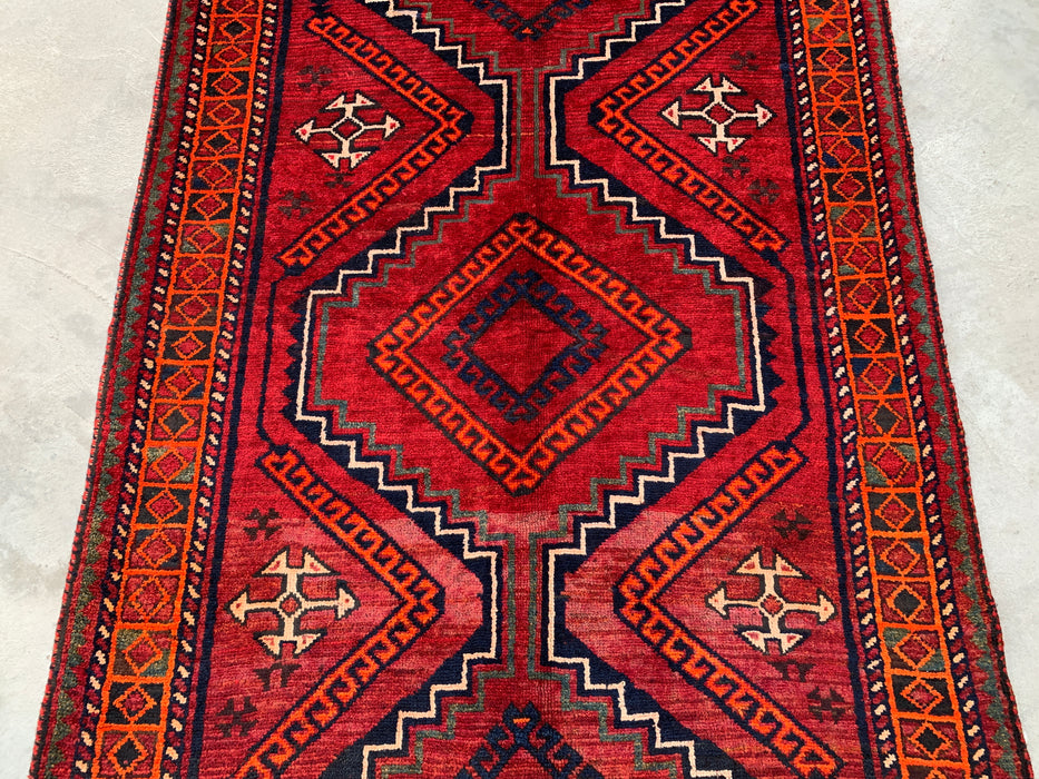 KBHM-1135 Hand-Knotted Persian Wool Rug – 9'9" x 4'7" Red, Navy & Orange Tribal Geometric Rug