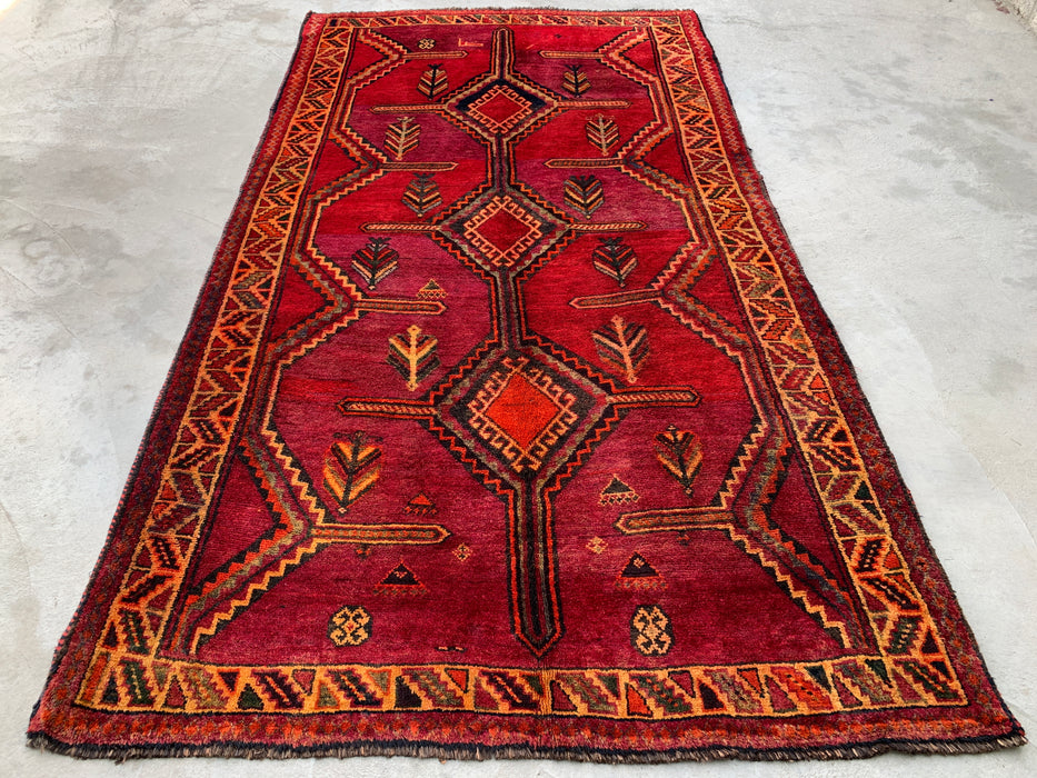 9'9 x 5'2 handgeknoopt Perzisch wollen tapijt in magenta, roestbruin & zwart met stam-geometrisch ontwerp | KBHM-1136