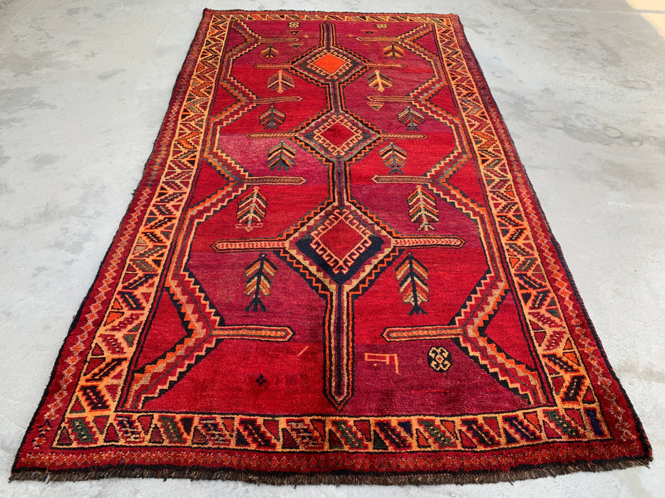 9'9 x 5'2 handgeknoopt Perzisch wollen tapijt in magenta, roestbruin & zwart met stam-geometrisch ontwerp | KBHM-1136