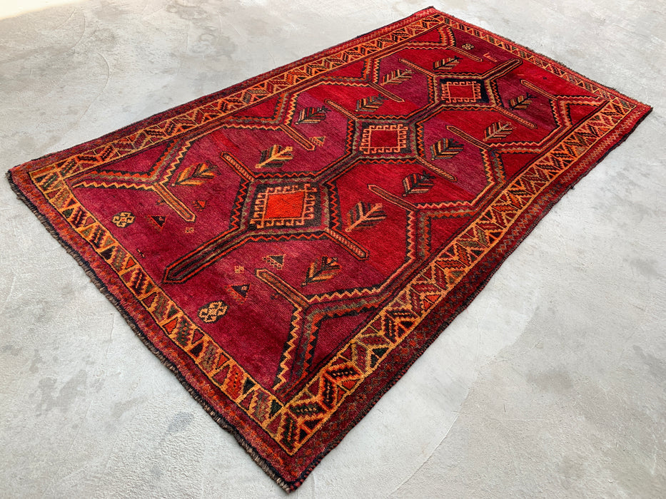 9'9 x 5'2 handgeknoopt Perzisch wollen tapijt in magenta, roestbruin & zwart met stam-geometrisch ontwerp | KBHM-1136