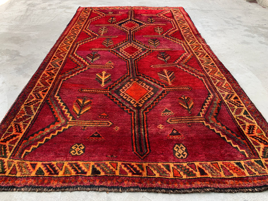 9'9 x 5'2 handgeknoopt Perzisch wollen tapijt in magenta, roestbruin & zwart met stam-geometrisch ontwerp | KBHM-1136