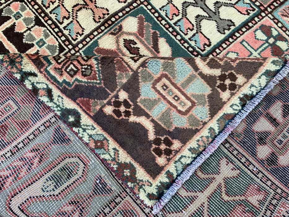 9'8 x 5'6 handgeknoopt Perzisch wollen tapijt in ivoor, taupe, teal & blush met traditioneel paneelontwerp | KBHM-1137