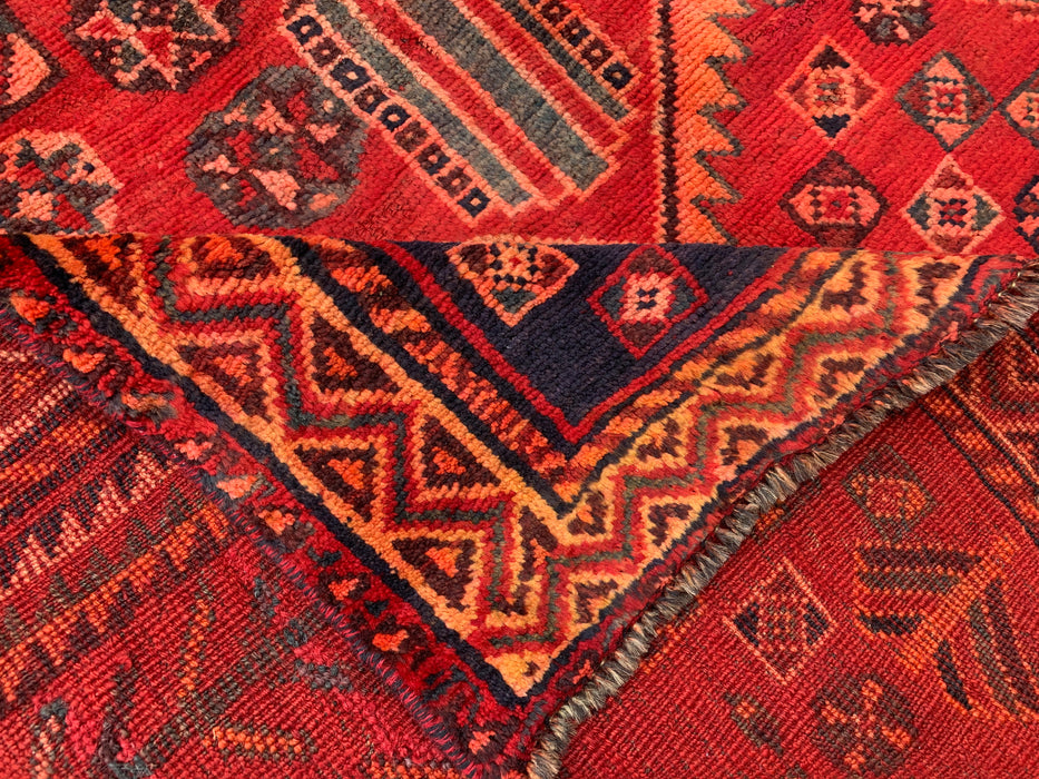KBHM-1142 Handgeknoopt Perzisch wollen tapijt – 262 x 150 cm Rood, roestbruin & marineblauw tribaal geometrisch vloerkleed