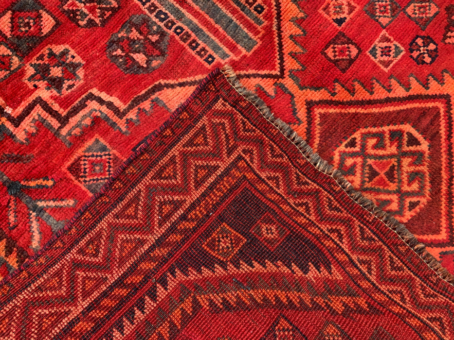 KBHM-1142 Handgeknoopt Perzisch wollen tapijt – 262 x 150 cm Rood, roestbruin & marineblauw tribaal geometrisch vloerkleed