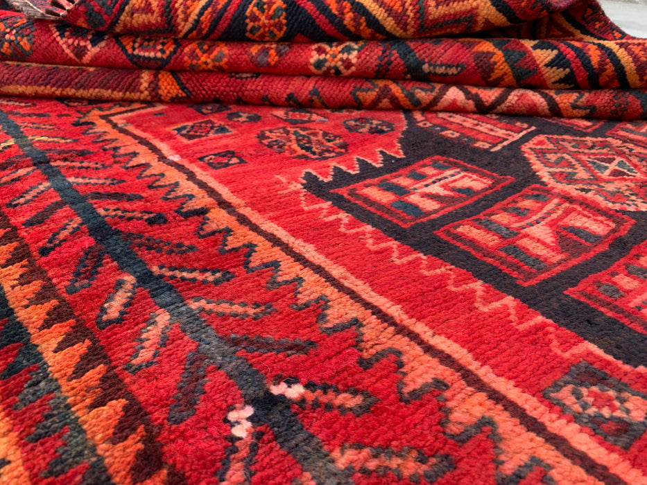 KBHM-1142 Handgeknoopt Perzisch wollen tapijt – 262 x 150 cm Rood, roestbruin & marineblauw tribaal geometrisch vloerkleed