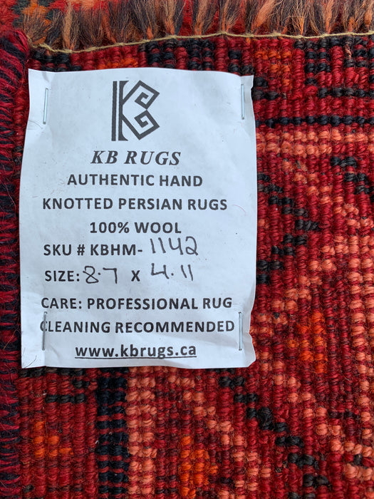 KBHM-1142 Handgeknoopt Perzisch wollen tapijt – 262 x 150 cm Rood, roestbruin & marineblauw tribaal geometrisch vloerkleed