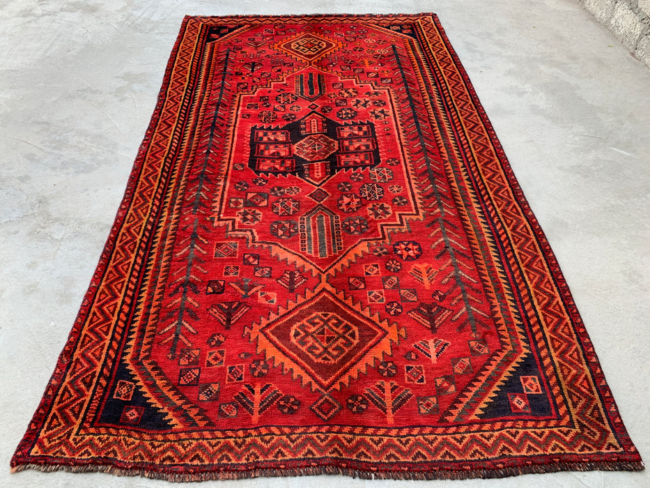 KBHM-1142 Handgeknoopt Perzisch wollen tapijt – 262 x 150 cm Rood, roestbruin & marineblauw tribaal geometrisch vloerkleed