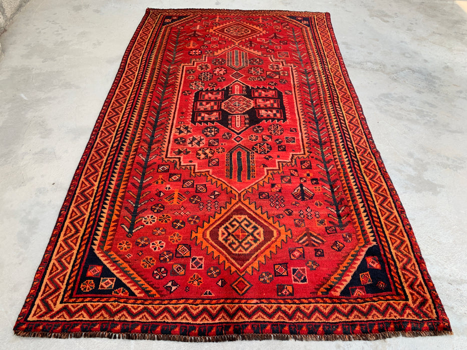 KBHM-1142 Handgeknoopt Perzisch wollen tapijt – 262 x 150 cm Rood, roestbruin & marineblauw tribaal geometrisch vloerkleed